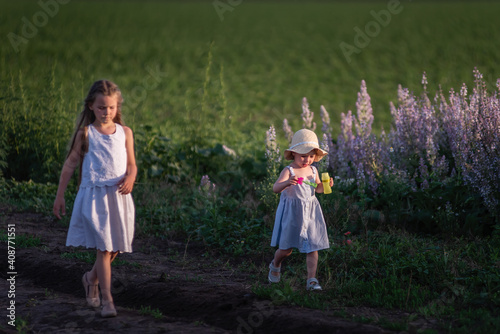 Two little girls in white sundresses are walking in the green field of blooming purple sage. Walk of sisters in dresses. Country life Eco vacation travel. Baby blows plays with soap bubbles. Childhood photo