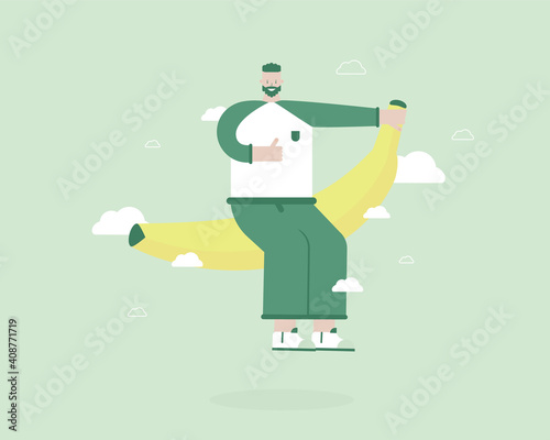 Go green and global mind concept. A vegan man sit on banana. Raw food. Zero Waste. Vector illustration  for telework, remote working and freelancing concept, business, start up
