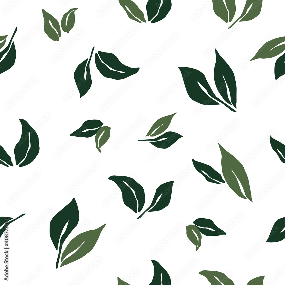 Green leaf seamless pattern on white background. Leaves, vegan repeated background in flat style. Vector nature design