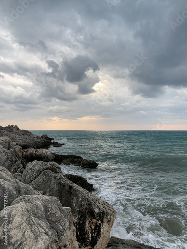 Stormy seascape background, rainy clouds