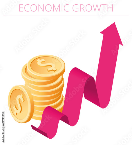 An isometric red increasing arrow and stack of coins. An Economic Growth flat vector illustration. A growing and expansion of business concept. 3d isometric infographic template isolated on white.