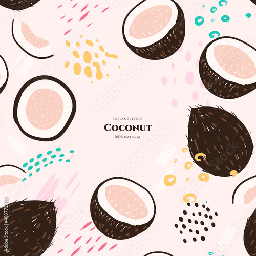 Vector frame with doodle coconut and abstract elements. Hand drawn illustrations.
