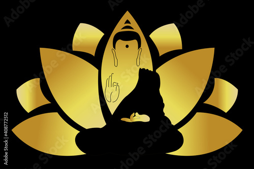 Sitting Buddha silhouette over golden lotus isolated on black background. Spa logo with buddha. Indian, Buddhism, Spiritual motifs. Tattoo, yoga, spirituality. Golden Buddha