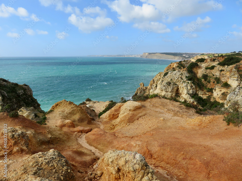 Beautiful stretches of coastline at Lagos, Algarve, Portugal, with cliffs, sand and sea