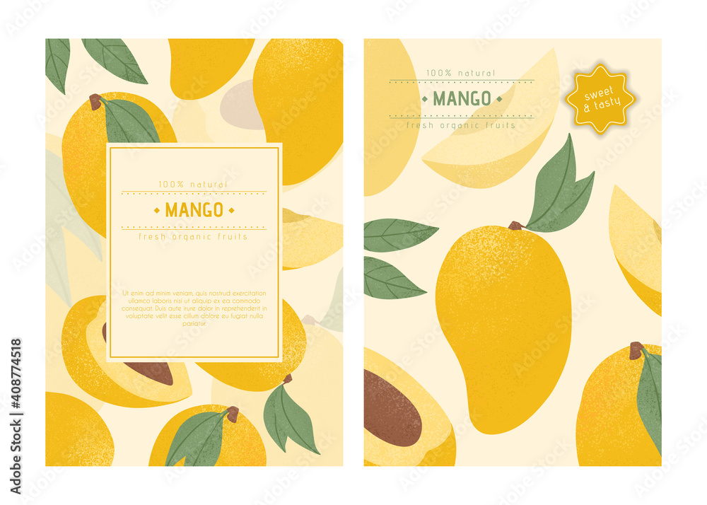 Ripe mango with leaves card template. Sweet mango fruits vector hand drawn poster design.