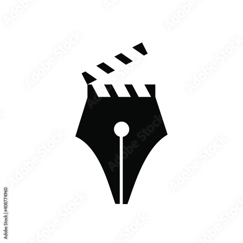 movie writer concept pen nib writer with film reel vector logo icon design illustration