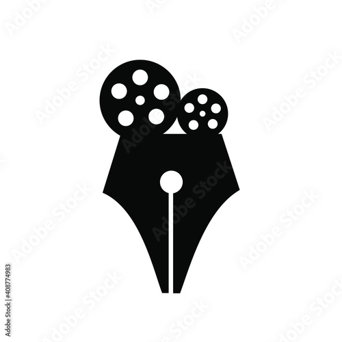 movie writer concept pen nib writer with film reel vector logo icon design illustration