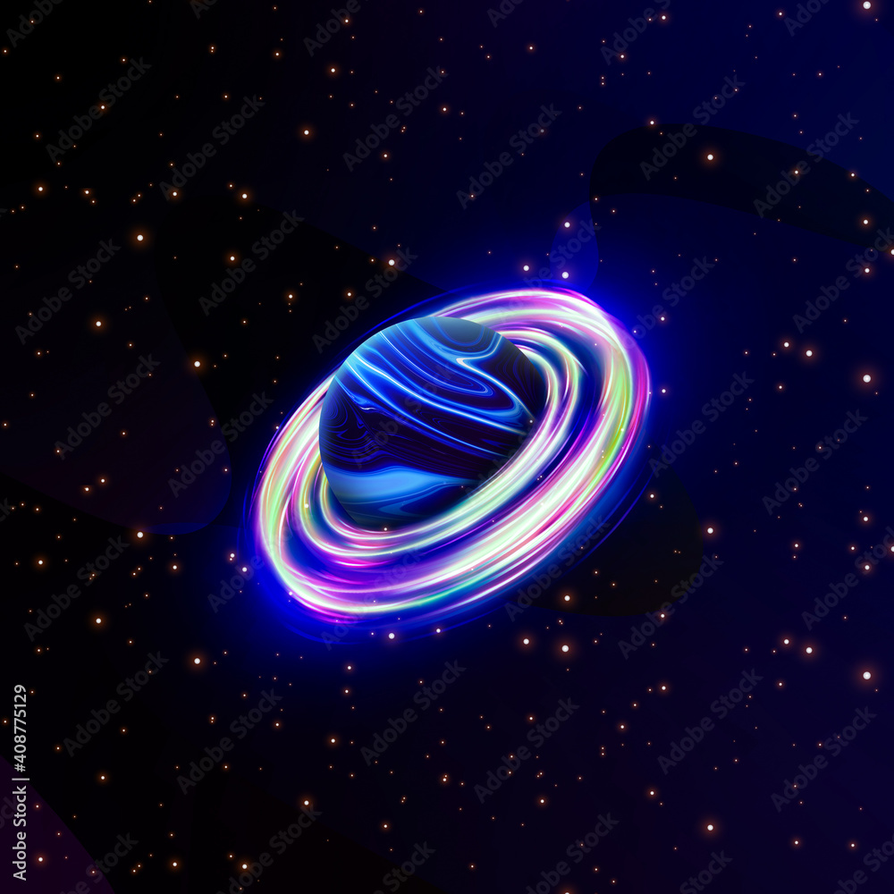 Surreal background 3d illustration of cosmos planets with liquid digital art texture in dark space with stars and beautiful colors of universe