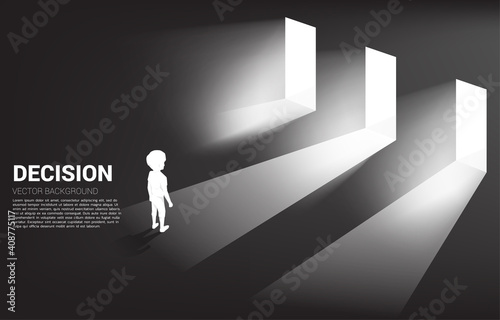 Silhouette of boy standing in front of 3 door with light. Concept of education solution and decision of future.
