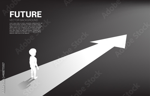Silhouette of boy standing on route with arrow. Concept of education solution and future of children.