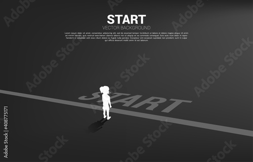Silhouette of girl standing at start line. Concept of education start and future of children.