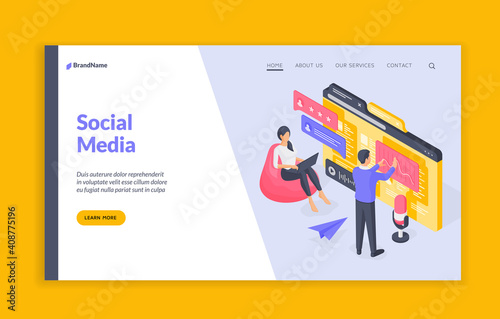 People using modern social media isometric vector illustration