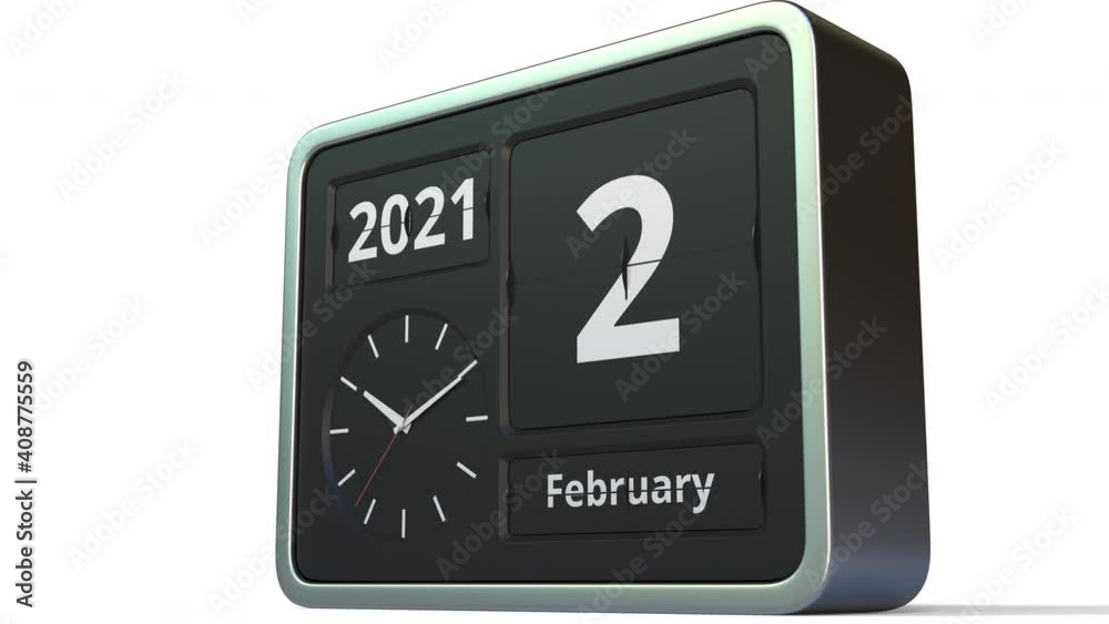 February 2 date on the flip clock calendar, 3d animation February 2 date on the flip clock calendar, 3d animation