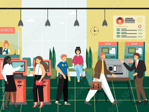 People in a bank concept vector illustration. Customers visit bank to make payments, withdraw money from ATM, deposit money and use safebox