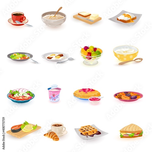 Collection of bowls filled with sweet snacks, coffee, nutritional salmon, veggies and sandwiches. Vector first meal of day and calories for energy idea isolated on white background