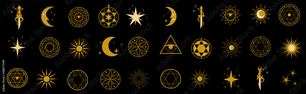 Vector collection of various simple linear gold od magic craft symbols on black background