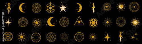 Vector collection of various simple linear gold od magic craft symbols on black background