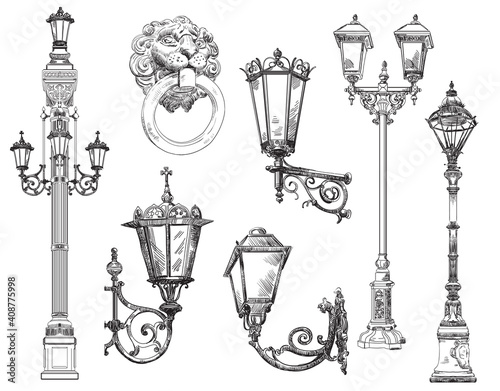 Vector set of decorative architectural elements street lanterns