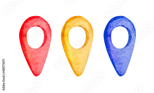 Watercolor illustration of red, yellow, blue ink color location pin set for maps isolated on white background. Travelling watercolour destination point, map marker, pointer