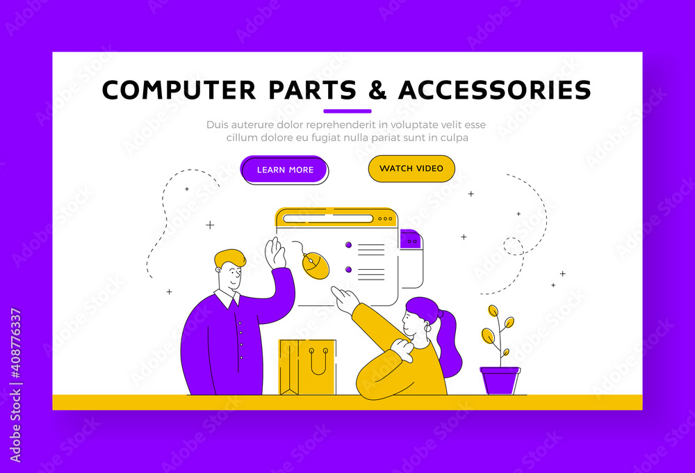 Woman chooses computer peripherals in online store. Banner template Woman chooses computer peripherals in online store. Banner template