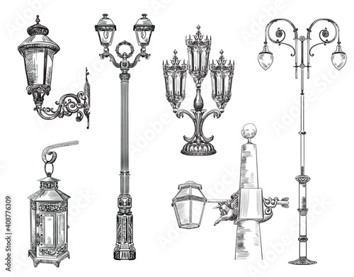Vector collection of decorative architectural elements lanterns