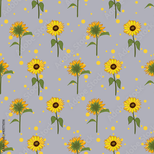 Sunflowers repeat pattern on grey background with yellow dots