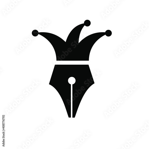 joy writer concept pen nib with clown hat logo vector icon illustration design