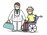 Arzt und Senior im Rollstuhl mit Mundschutz wegen Covid-19