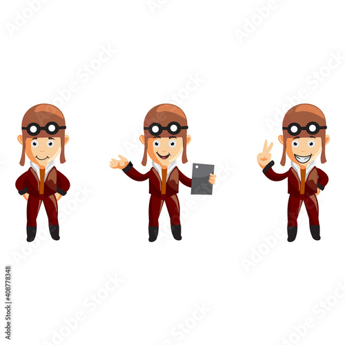 pilot character illustration use helmet headphones and glasses Set