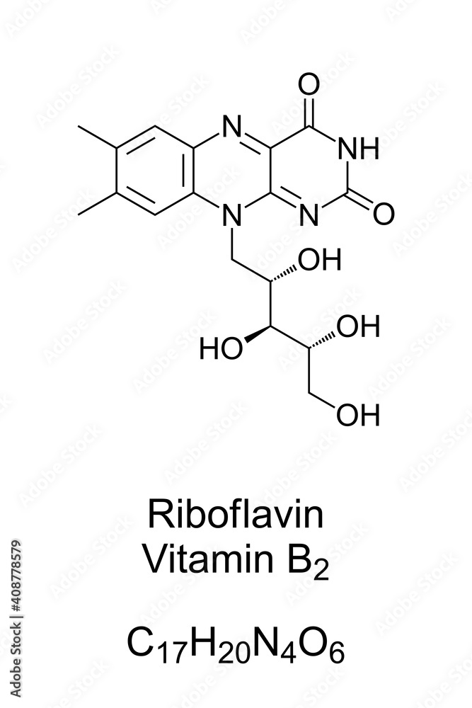 Riboflavin, vitamin B2, chemical structure and skeletal formula. A vitamin, found in food, and
