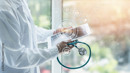 Medical tech science, innovative iot global healthcare ai technology, World health day with doctor on telehealth, telemedicine service analyzing online on EHR, EMR patient digita data on tablet in lab photo