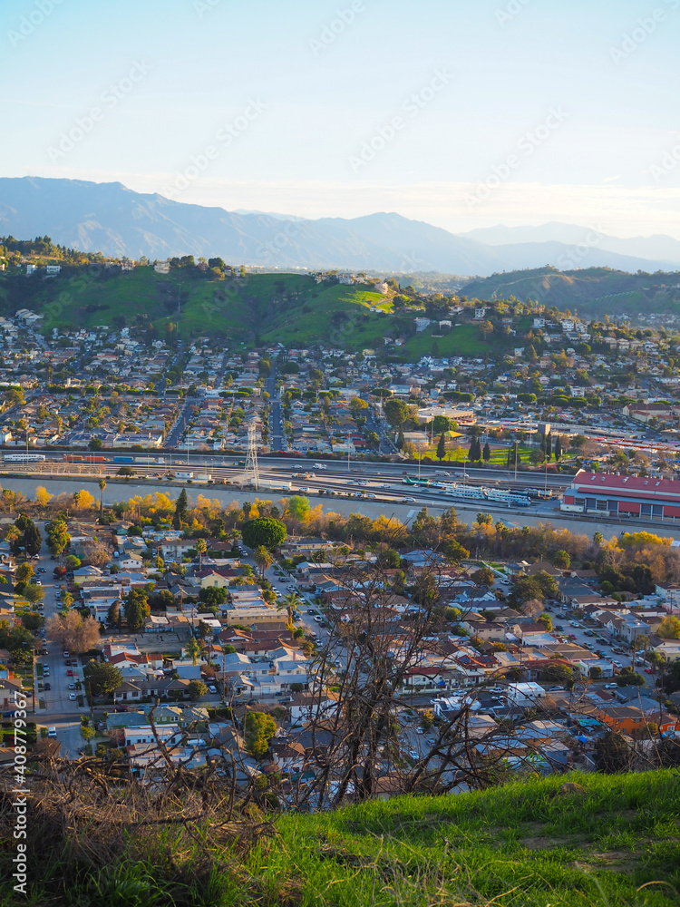 Los Angeles, USA - 27 Jan 2019: Panorama of a residential area of Los Angeles from a height at dawn