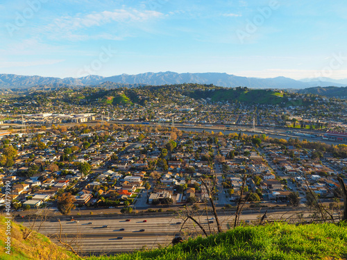 Los Angeles, USA - 27 Jan 2019: Panorama of a residential area of Los Angeles from a height at dawn