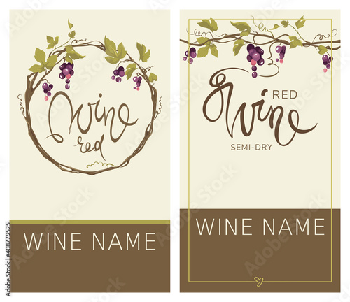 Wine labels with grapevine / Set vector illustration, floral design element