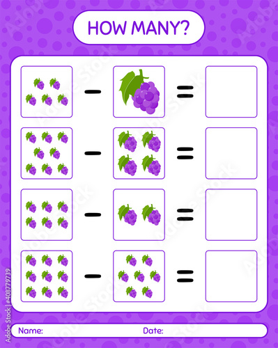 How many counting game grape. worksheet for preschool kids, kids activity sheet, printable worksheet