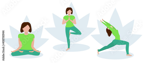 a set of illustrations on the topic of yoga classes, three different poses