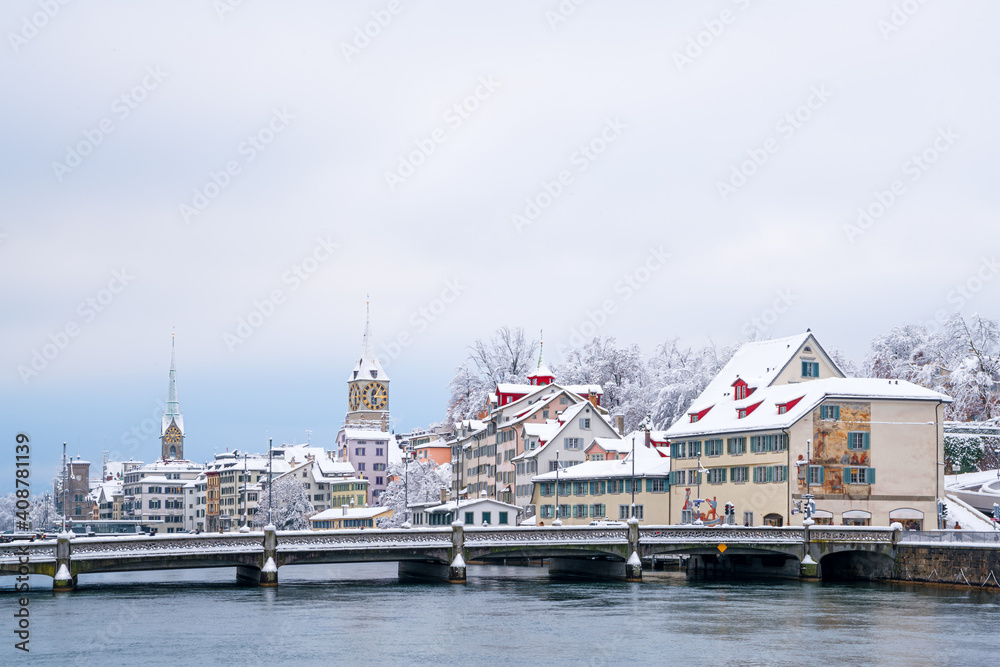 Cityscape of Zurich (Switzerland), River Limmat, Fraumunster Church, St Peter Church