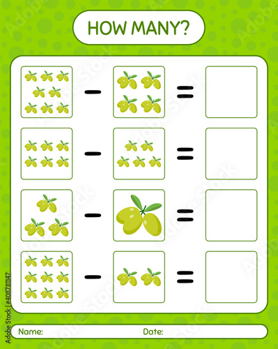 How many counting game olive. worksheet for preschool kids, kids activity sheet, printable worksheet