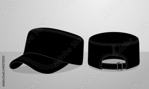 Black Military Cadet Cap With Adjustable Metal Buckle Strap Vector