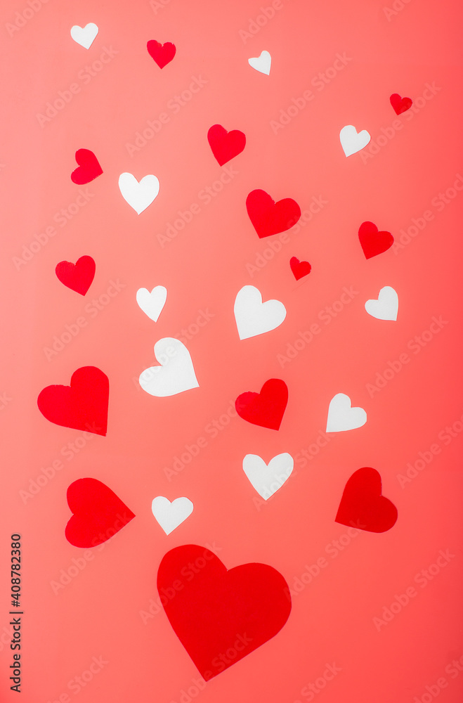 Hearts on a red background. Background for Valentine's Day, postcard.