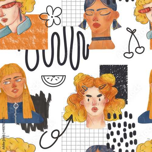 Modern raster seamless pattern with girls and abstract shapes. Illustration can be used for wallpapers, pattern fills, web page backgrounds,surface textures.