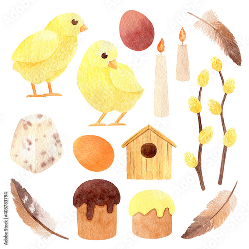 Watercolor set of Easter elements on white background. Delicate warm colors. Handmade technique. Ideal for decorating Easter goods, textiles and packaging. 
