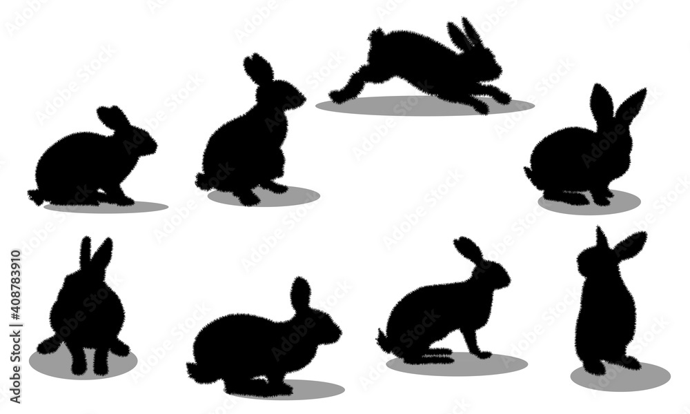 Silhouette of a black rabbit with a white background. Rabbit Set, Isolated On White Background