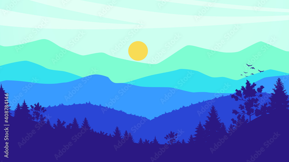 Background landscape mountain and forest in morning, Vector illustration