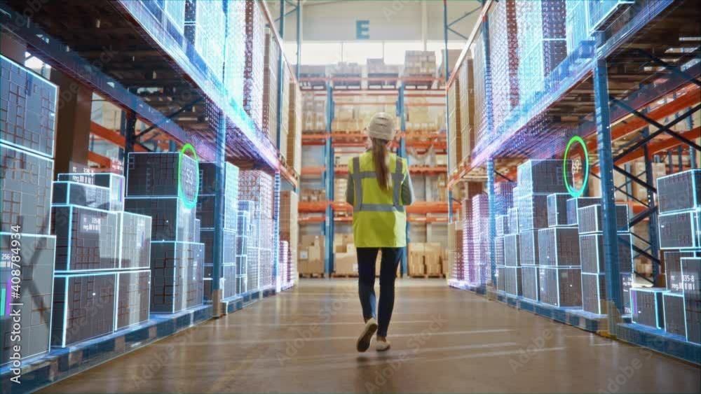 Futuristic Technology Retail Warehouse: Worker Doing Inventory Walks when Digitalization Process Analyzes Goods, Cardboard Boxes, Products with Delivery Infographics in Logistics, Distribution Center