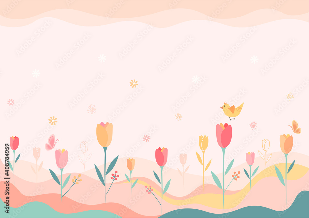 Illustration vector of spring background with tulip flowers and butterfly on meadow