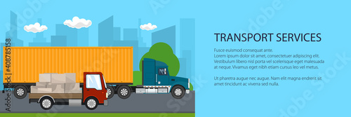 Road transport and logistics, truck and small cargo van with boxes drive on the road on the background of the city, transport services banner, vector illustration © serz72