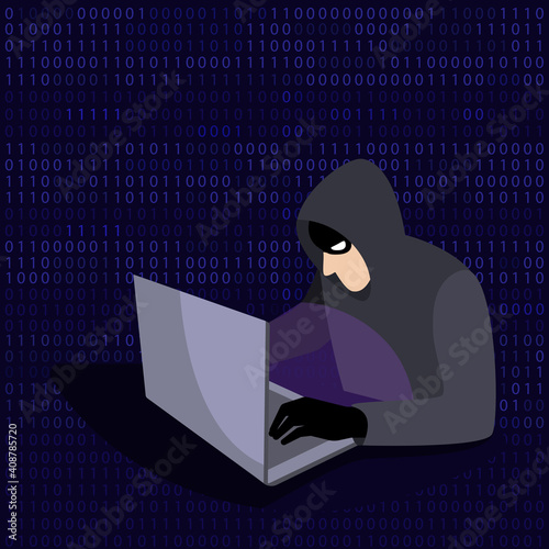 A hacker with a laptop. Web crime with password hacking and identity theft, software bugs, viruses and spam. The concept of phishing, online fraud, cybercrime, and web protection. Vector illustration