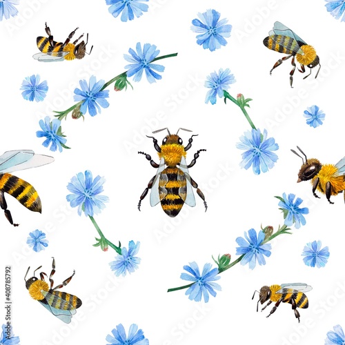 Watercolor pattern with bees and wasps and chicory flowers. Suitable for printing on fabrics and packaging paper. Bright and juicy. © Art SEA