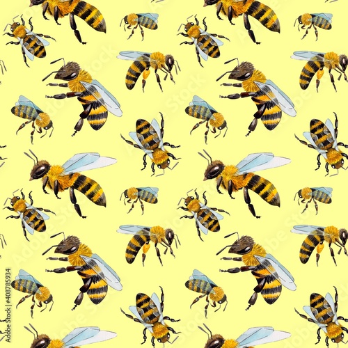 Watercolor pattern with bees and wasps. suitable for printing on fabrics and packaging paper. Bright and juicy.